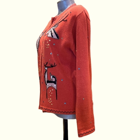 Vintage Great Cavalier Vintage Button deer patchwork knit sweater SZ S Orange - Picture 3 of 10